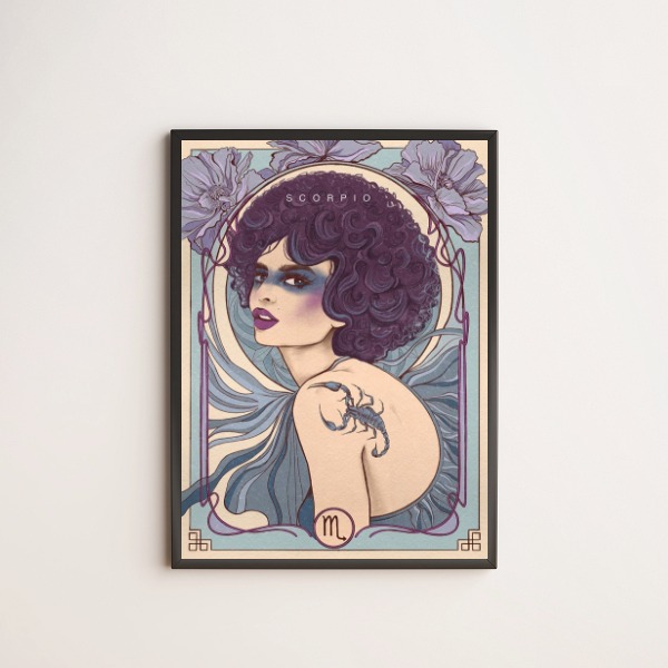 quadro vintage com ilustração de mulher do signo de escorpião