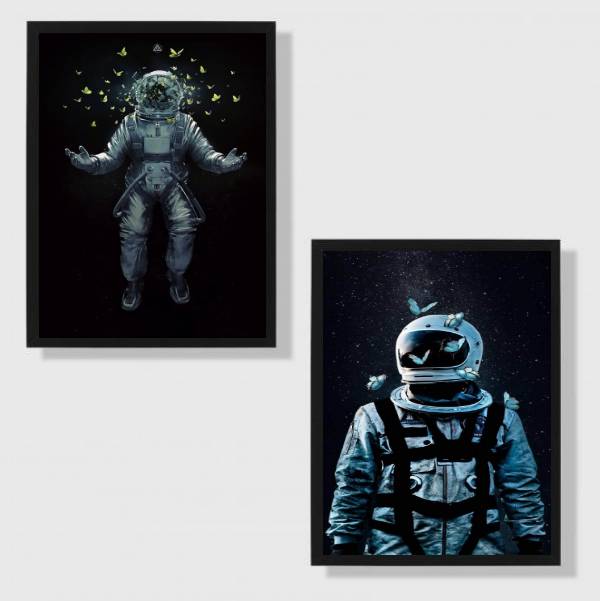 Kit 2 Quadros Astronautas Com Borboletas