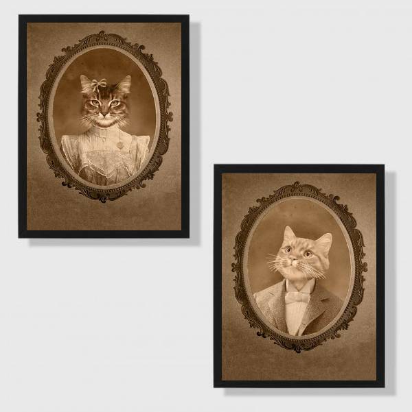 Kit 2 Quadros Casal De Gatinhos Vintage