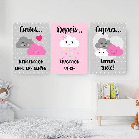 Kit 3 Quadros Infantis Nuvens Rosa E Cinza