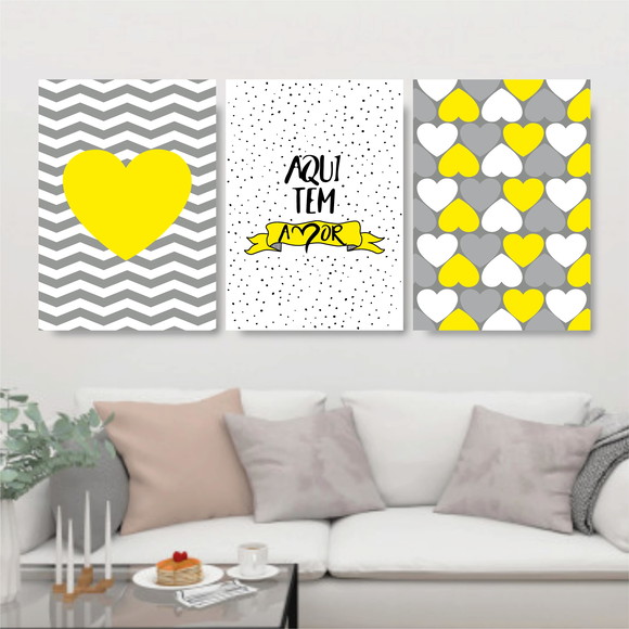 kit 3 quadros aqui tem amor amarelo e cinza