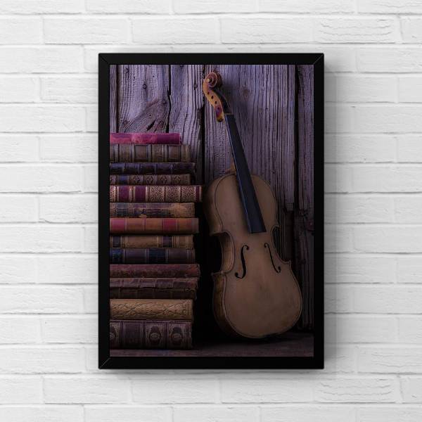 Quadro Decorativo Violino Com Livros