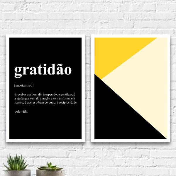 Kit 2 Quadros Gratidão Amarelo E Preto