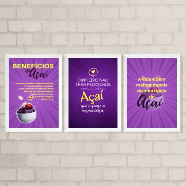 Kit 3 Quadros Decorativos Frases Açaí