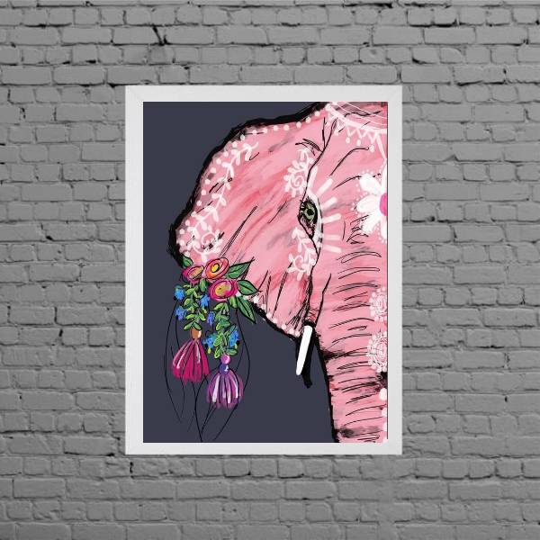 Quadro Elefante Indiano Rosa Com Flores