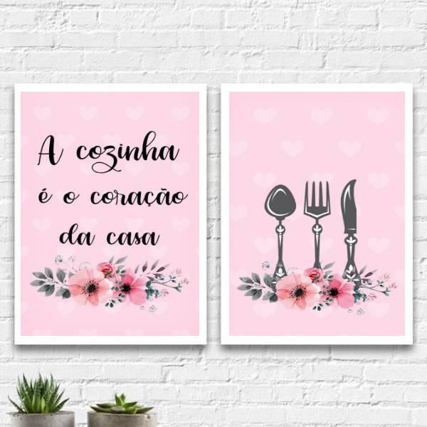 Kit 2 Quadros Cozinha Coração Da Casa Rosa