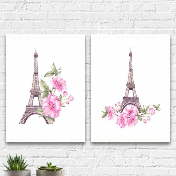 Kit 2 Quadros Torre Eiffel Floral