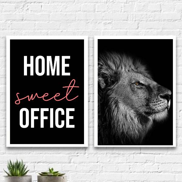 Kit 2 Quadros Home Sweet Officce Leão