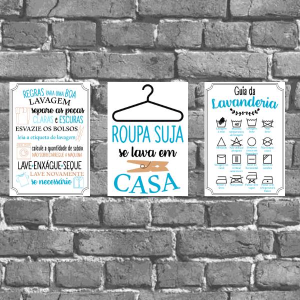 Kit 3 Placas Decorativas Lavanderia Azul