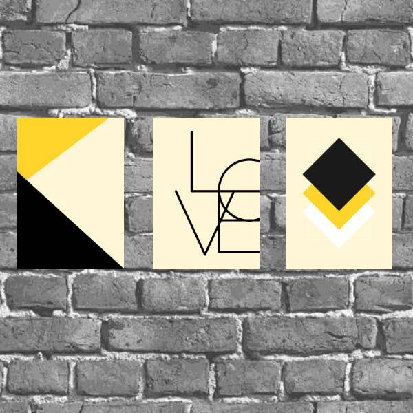 Kit 3 Placas Geométricas Love Preto Amarelo