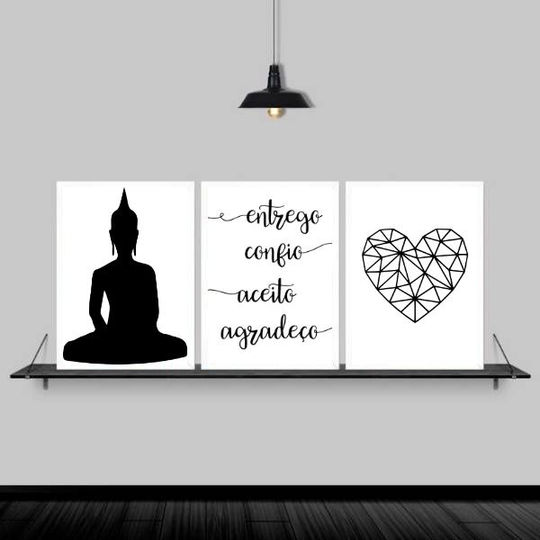 Kit 3 Quadros Buda Mantra Coração