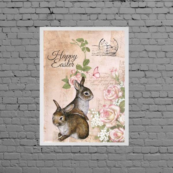 Quadro Happy Easter Coelhinhos Retrô