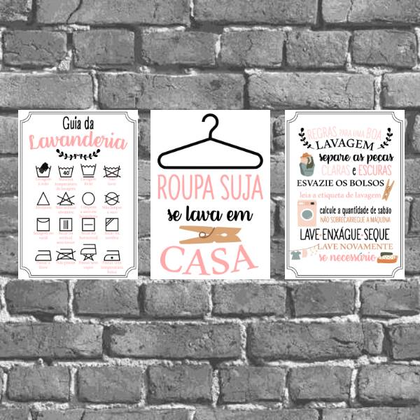 Kit 3 Placas Guia Da Lavanderia Rosa