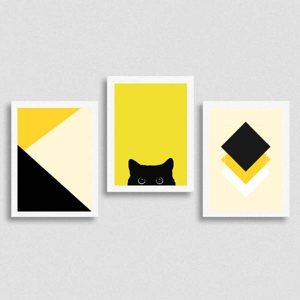 kit 3 quadros Geométricos Gato Preto/Amarelo