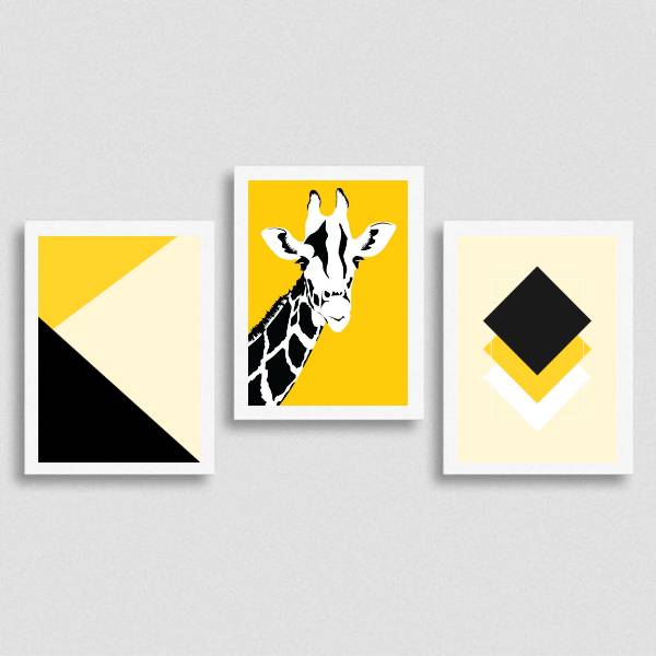 Kit 3 Quadros Preto E Amarelo Girafa