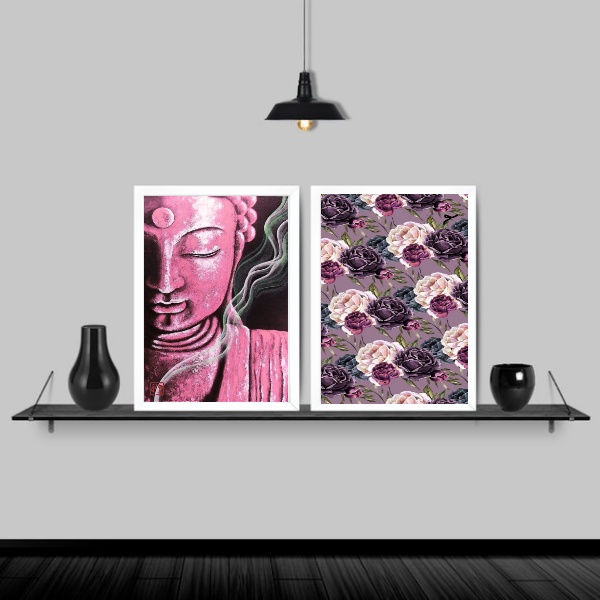 Kit 2 Quadros Buda Rosa Flores