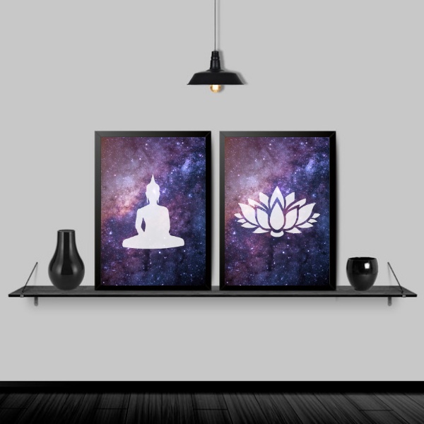 Kit 2 Quadros Buda E Flor De Lotus Galaxia