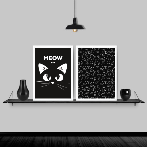 Kit 2 Quadros Gatinho Meow Preto E Branco