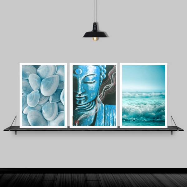 Kit 3 Quadros Zen Buda Mar Azul