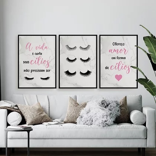 Kit 3 Quadros Cílios Em Forma De Amor