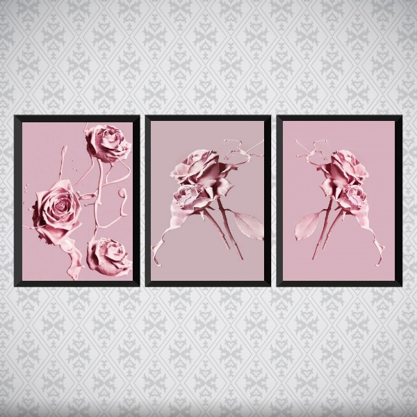 Kit 3 Quadros Flores Rosas Tinta