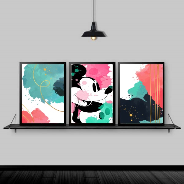 Kit 3 Quadros Decorativos Mickey Abstrato