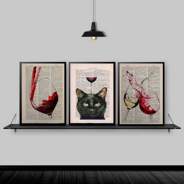 Kit 3 Quadros Decorativos Vinhos E Gato