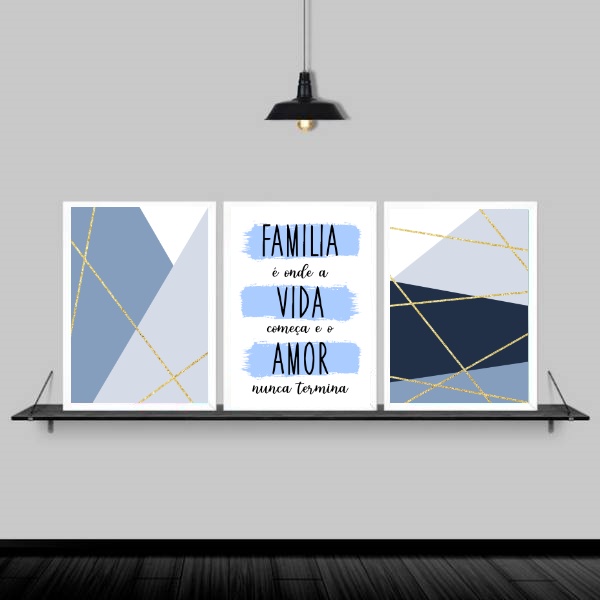 Kit 3 Quadros Família Vida Amor Azul