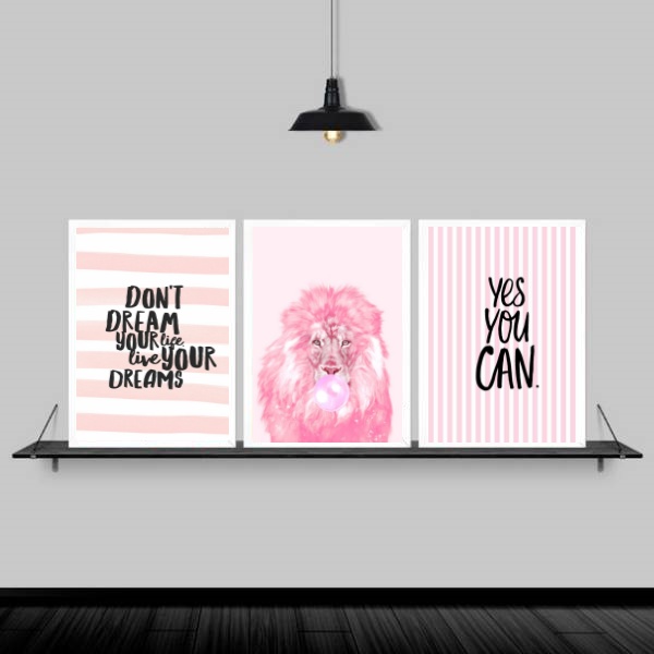 Kit 3 Quadros Leão Rosa Yes You Can