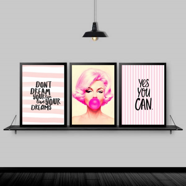 Kit 3 Quadros Marilyn Life Your Dreams