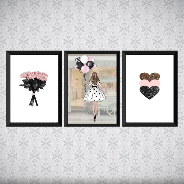 Kit 3 Quadros Moda Fashion Flores Corações