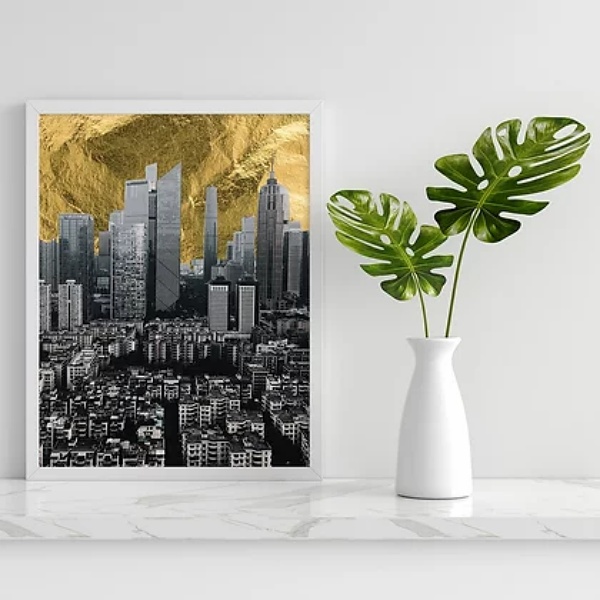 Quadro Cidade Cinza Com Céu Dourado