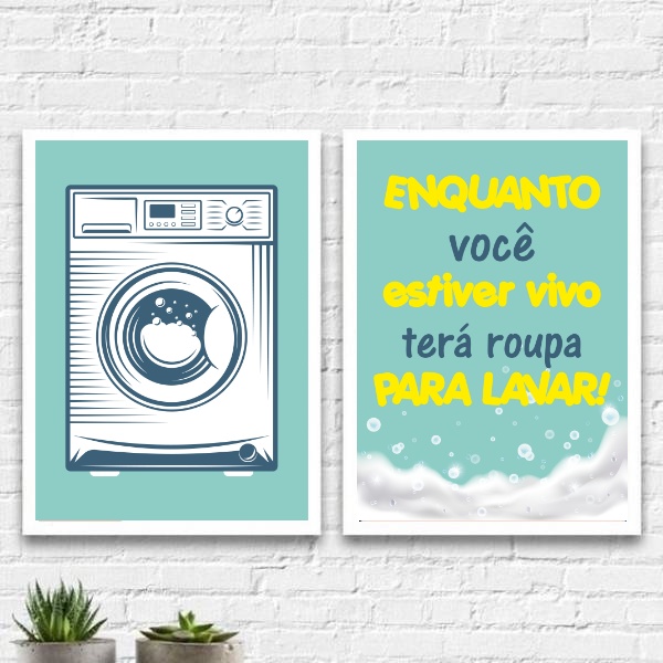 Kit 2 Quadros Lavanderia Azul E Amarelo