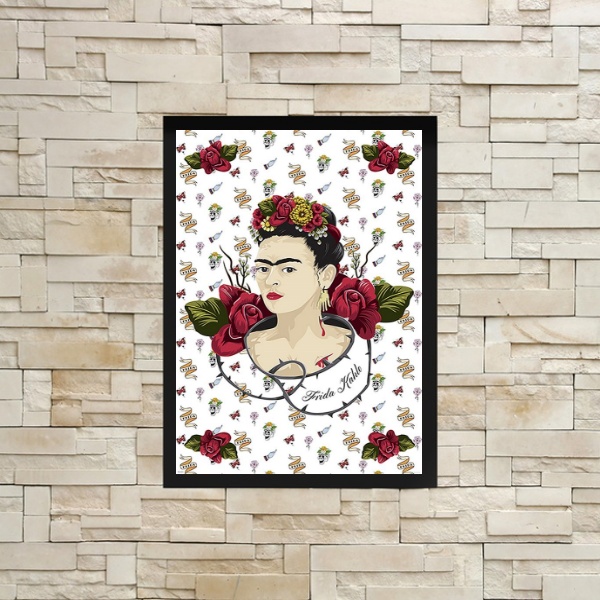 Quadro Frida Fundo Rosas Vermelhas