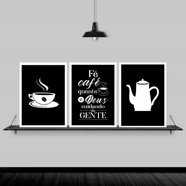 Kit 3 Quadros Decorativos Fé Café E Deus