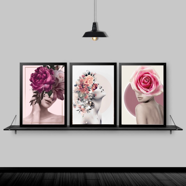 Kit 3 Quadros Fotografias Mulheres Florais