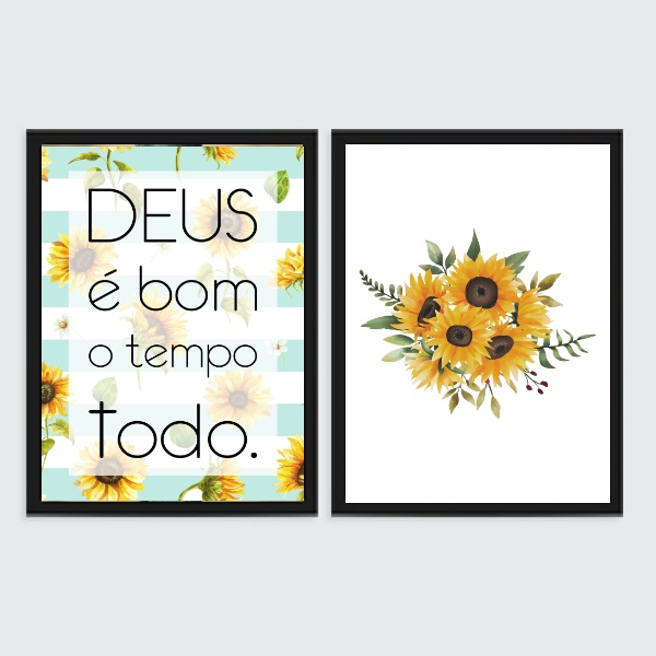 Kit 2 Quadros Girassóis Deus É Bom