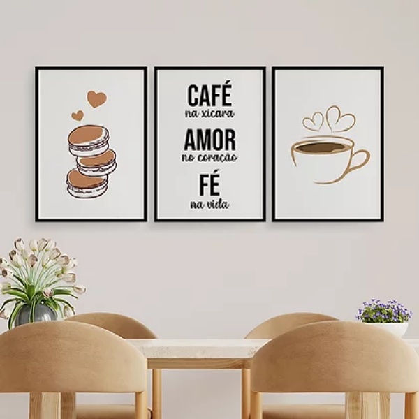 Kit 3 Quadros Café Amor E Fé