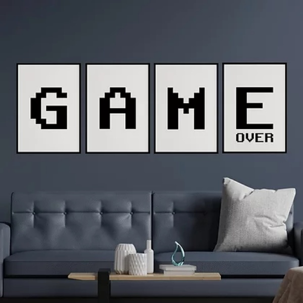 Kit 4 Quadros Game Over Preto E Branco