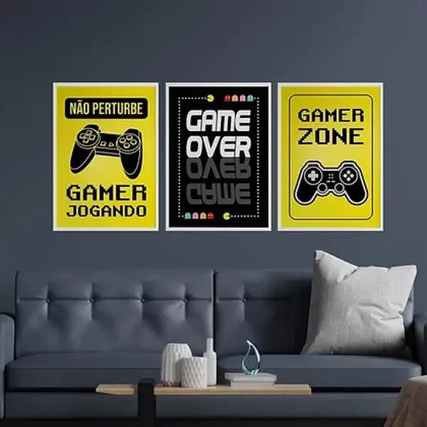 Kit 3 Quadros Gamer Zone Amarelo e Preto