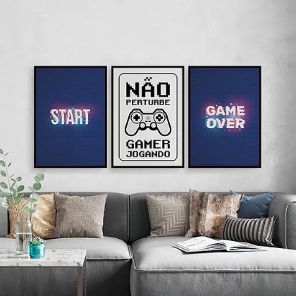 Kit 3 Quadros Gamer Start Game Over