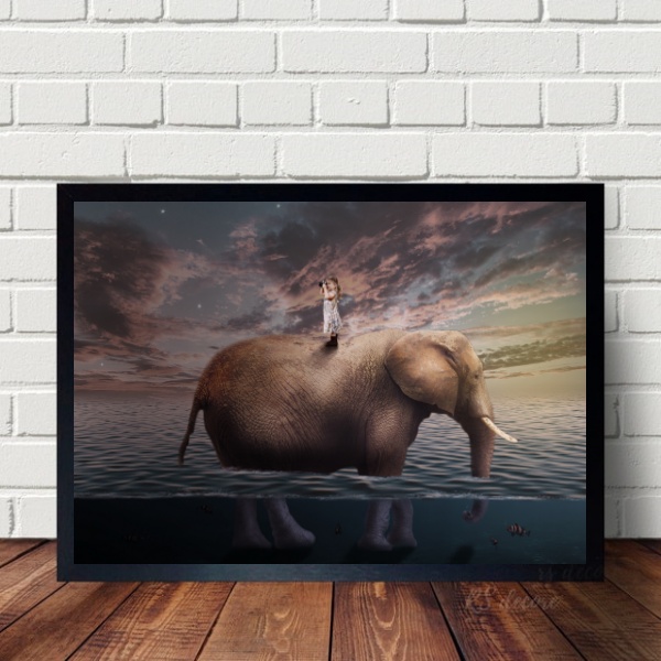 Quadro Surrealista Menina Com Elefante