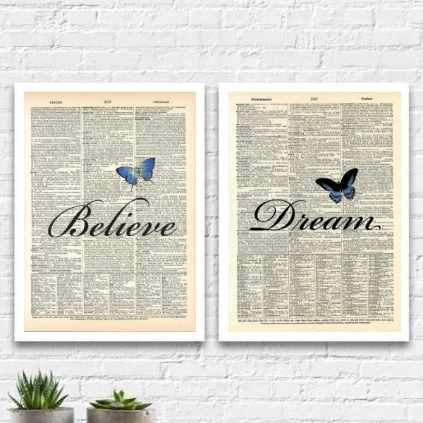 Kit 2 Quadros Dream Believe Borboleta