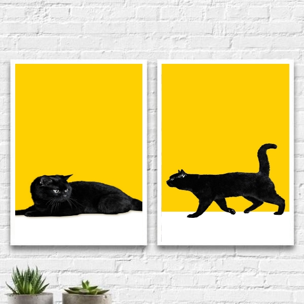 Kit 2 Quadros Gato Preto Fundo Amarelo