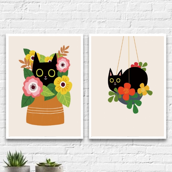 Kit 2 Quadros Gato Com Flores