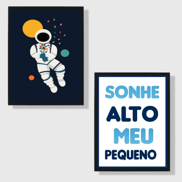 Kit 2 Quadros Quarto Criança Astronauta