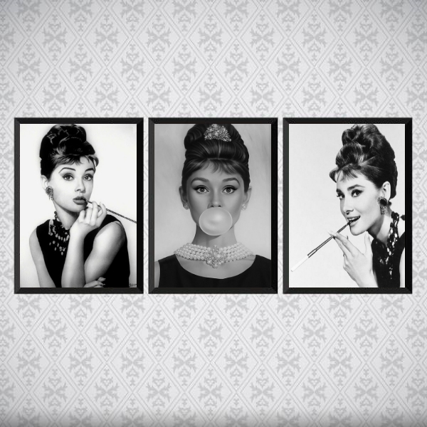 Kit 3 Quadros Audrey Hepburn Preto E Branco