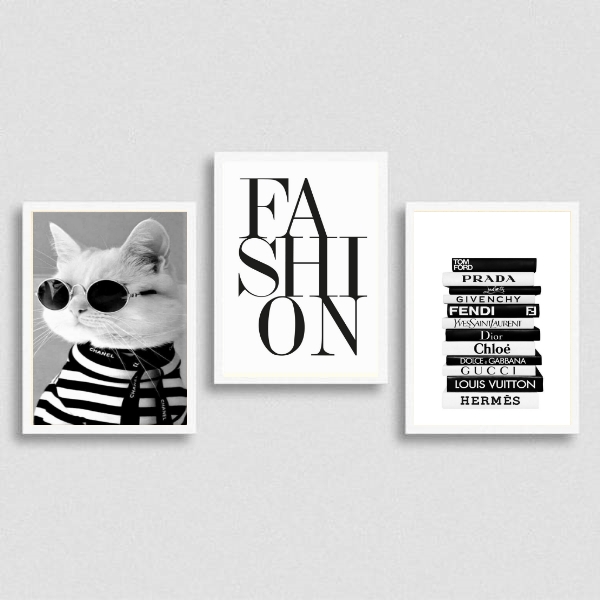 Kit 3 Quadros Moda Fashion Gatinho