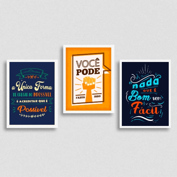 kit 3 Quadros Frases Motivadoras Trabalho