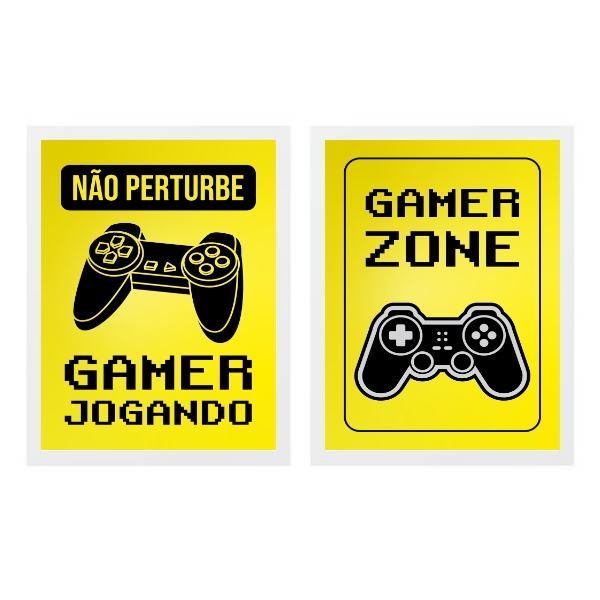 Kit 2 Quadros Gamer Zone Amarelo